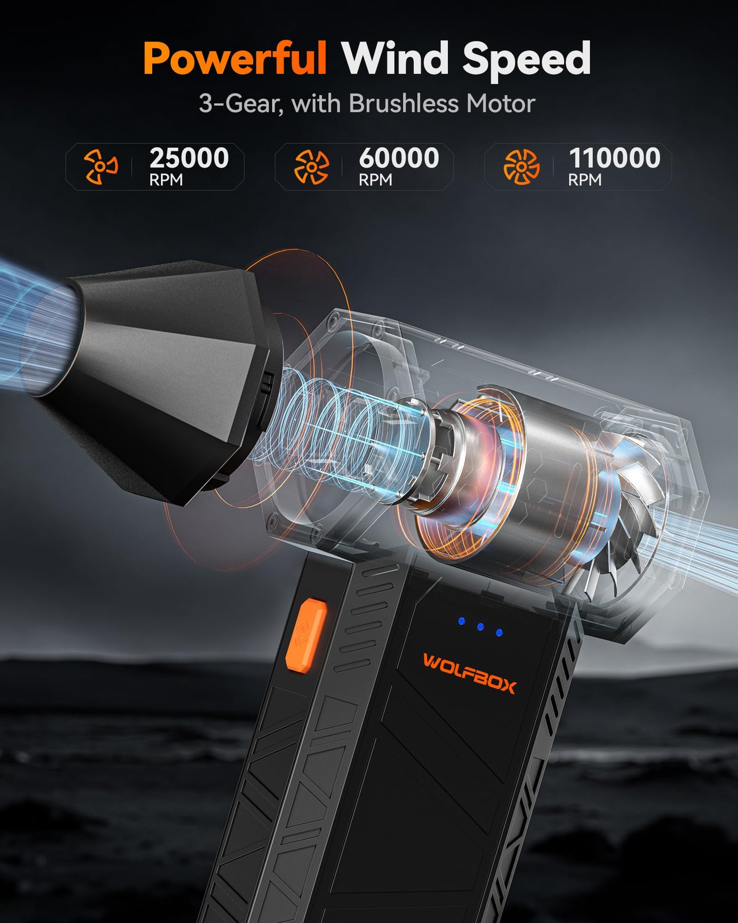 WOLFBOX MegaFlow 50 Electric Air Duster-110000RPM Super Power Cordless Air Duster, 3-Gang einstellbare Mini-Gebläse mit Akku, Staubbläser für Computer, Tastatur, Haus, Outdoor und Auto