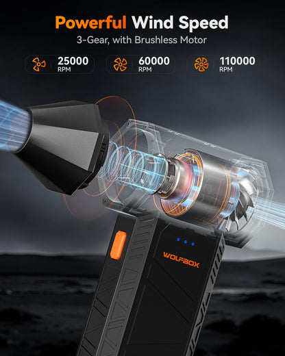 WOLFBOX MegaFlow 50 Electric Air Duster-110000RPM Super Power Cordless Air Duster, 3-Gang einstellbare Mini-Gebläse mit Akku, Staubbläser für Computer, Tastatur, Haus, Outdoor und Auto